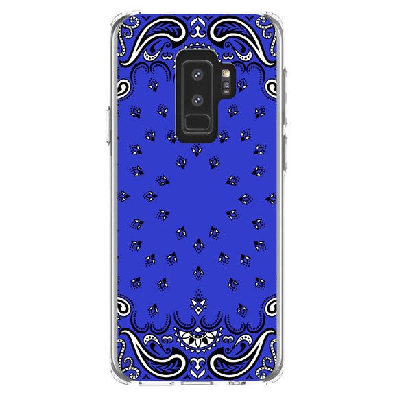 DistinctInk Clear Shockproof Hybrid Case for Samsung Galaxy S9  PLUS (6.2" Screen) - TPU Bumper, Acrylic Back, Tempered Glass Screen Protector - Bandana Print - Blue, Black, White