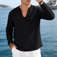 thumbnail image 3 of Men's Cotton Linen V Neck Shirt Casual Long Sleeve Solid Color Summer Beach Tops, XL, 3 of 4