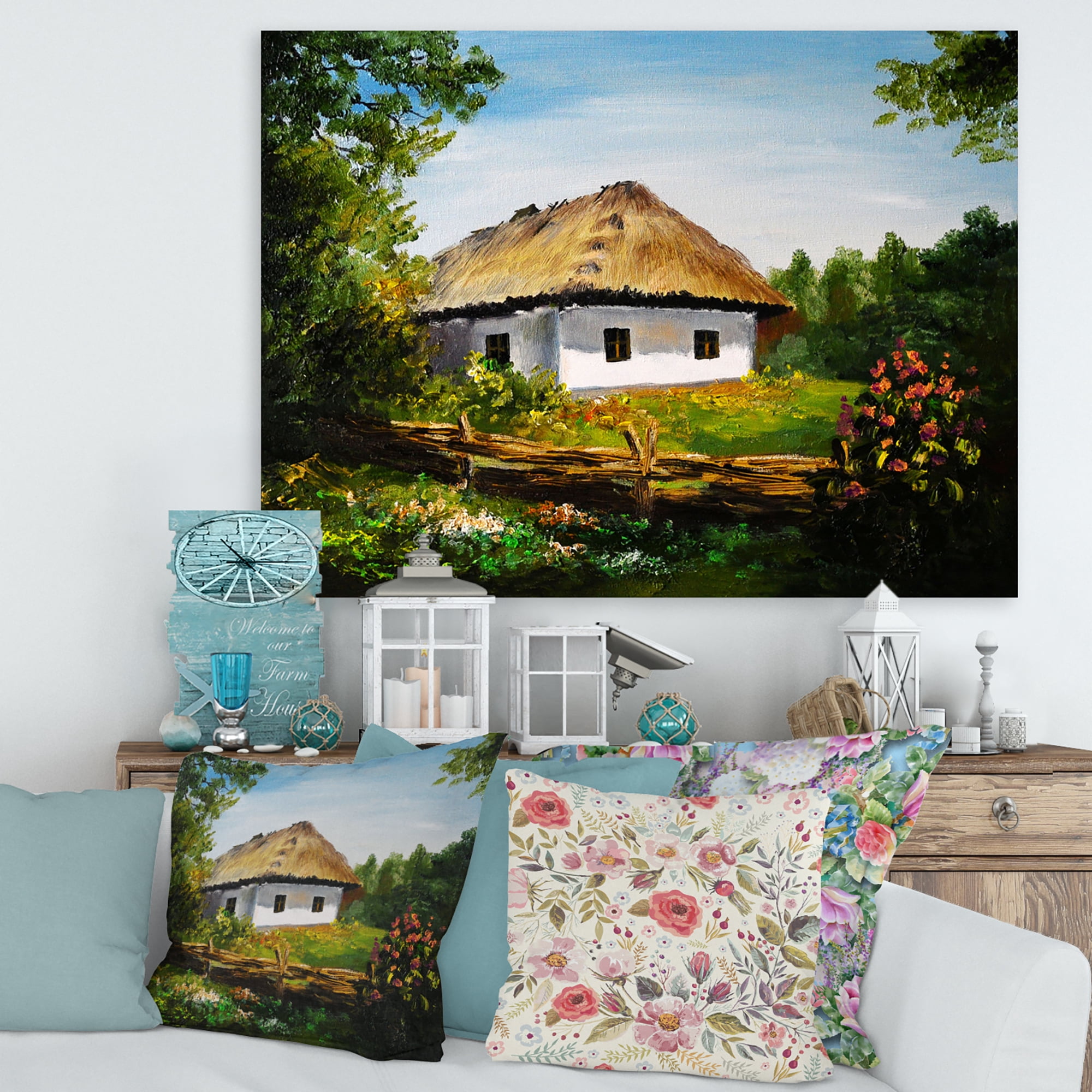 Traditional Cottage At Sunrise In Summer 8 in x 12 in Painting Canvas Art Print, by Designart