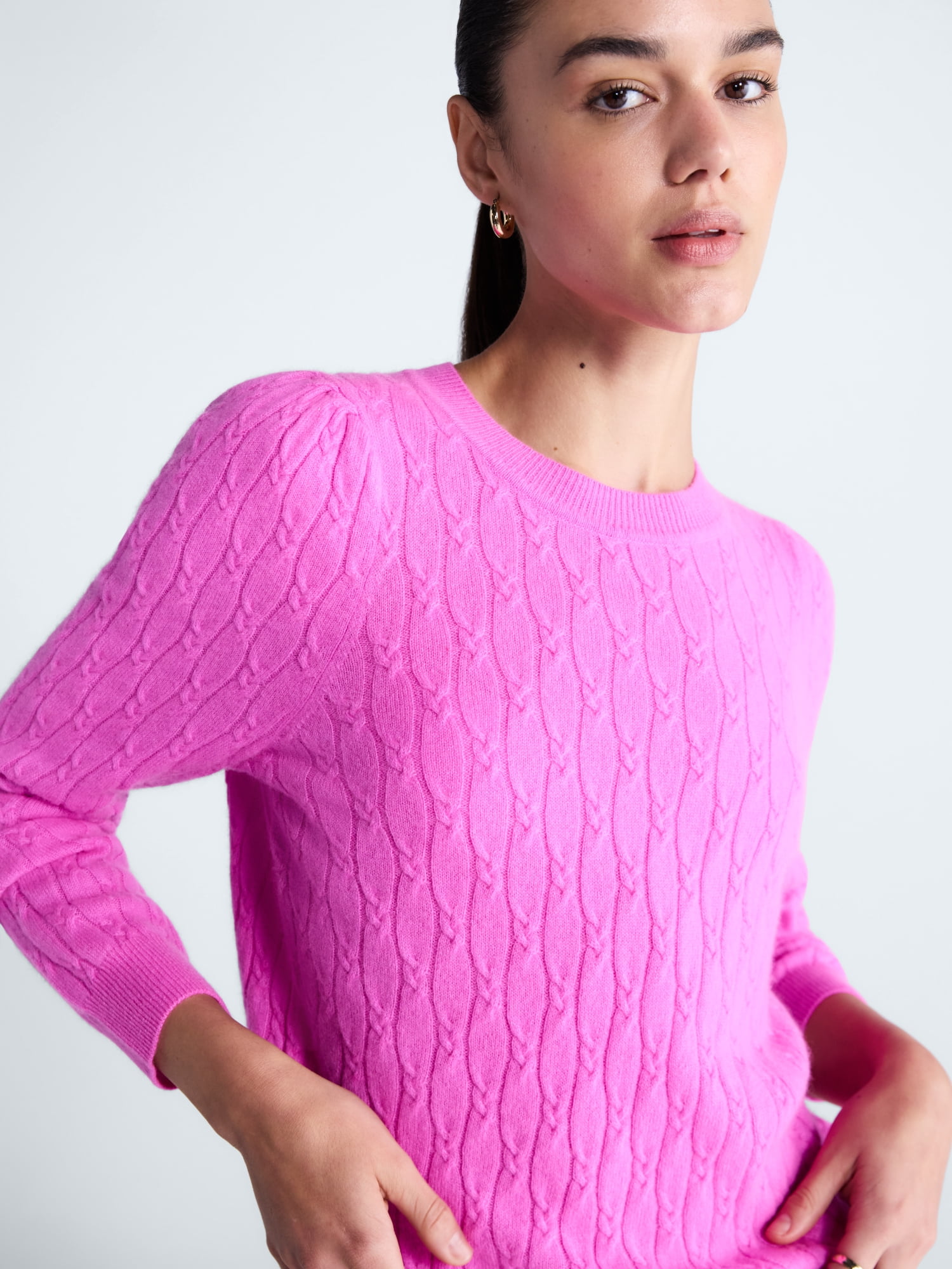 Free Assembly Women's and Women's Plus Cashmere Cable Knit Sweater with Puff Sleeves, Midweight, Sizes XS-4X