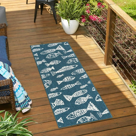 Unique Loom Outdoor Coastal Collection Area Rug - Whish (2' x 6' 1" Runner Blue/Ivory)
