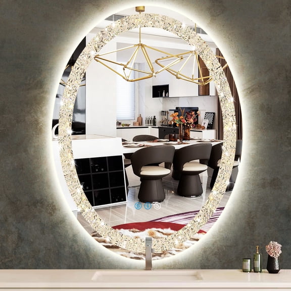Oval Crystal LED Bathroom 36" x 24" Mirror with Lights Smart Mirror with 3Color AntiFog Dimmable Touch Memory Crystal Light FrontLit  36" Crystal Ovals Light up Wall Mirrors