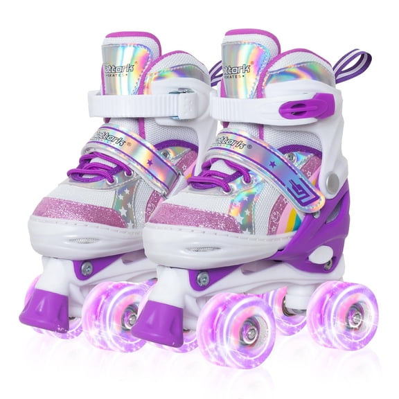 MonSports Girls Roller Skates for Little Kids, Size Adjustable Rainbow Unicorn Skates with All Light up Wheels - Birthday Gift for Outdoor