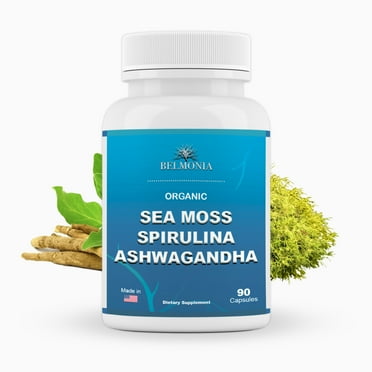 Belmonia Organic Sea Moss Spirulina Ashwagandha Capsules, 90 Count Made in USA, Superfood Supplements