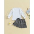 thumbnail image 5 of Kids Girl Fall Outfits Sequins Stars Moon Mesh Puff Sleeve Rib Knit Tops Elastic Waist Pleated Plaid Skirts 2Pcs Clothes Set, 5 of 9