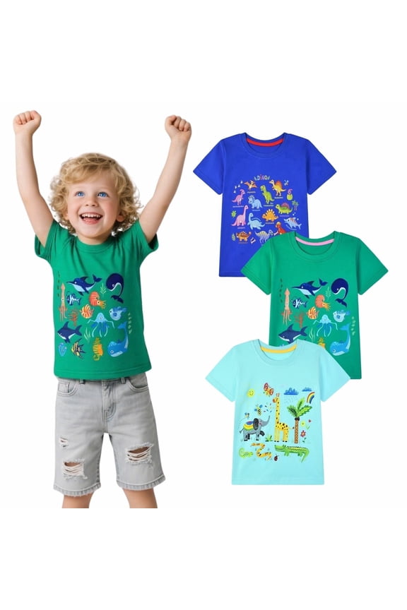 Toddler Little Boys T-Shirts 3 Pack, 100% Cotton Short Sleeve Tees for Kids 2-7T, Cute Dinosaur/Safari/Sea Animal Print Summer Tops for 7T