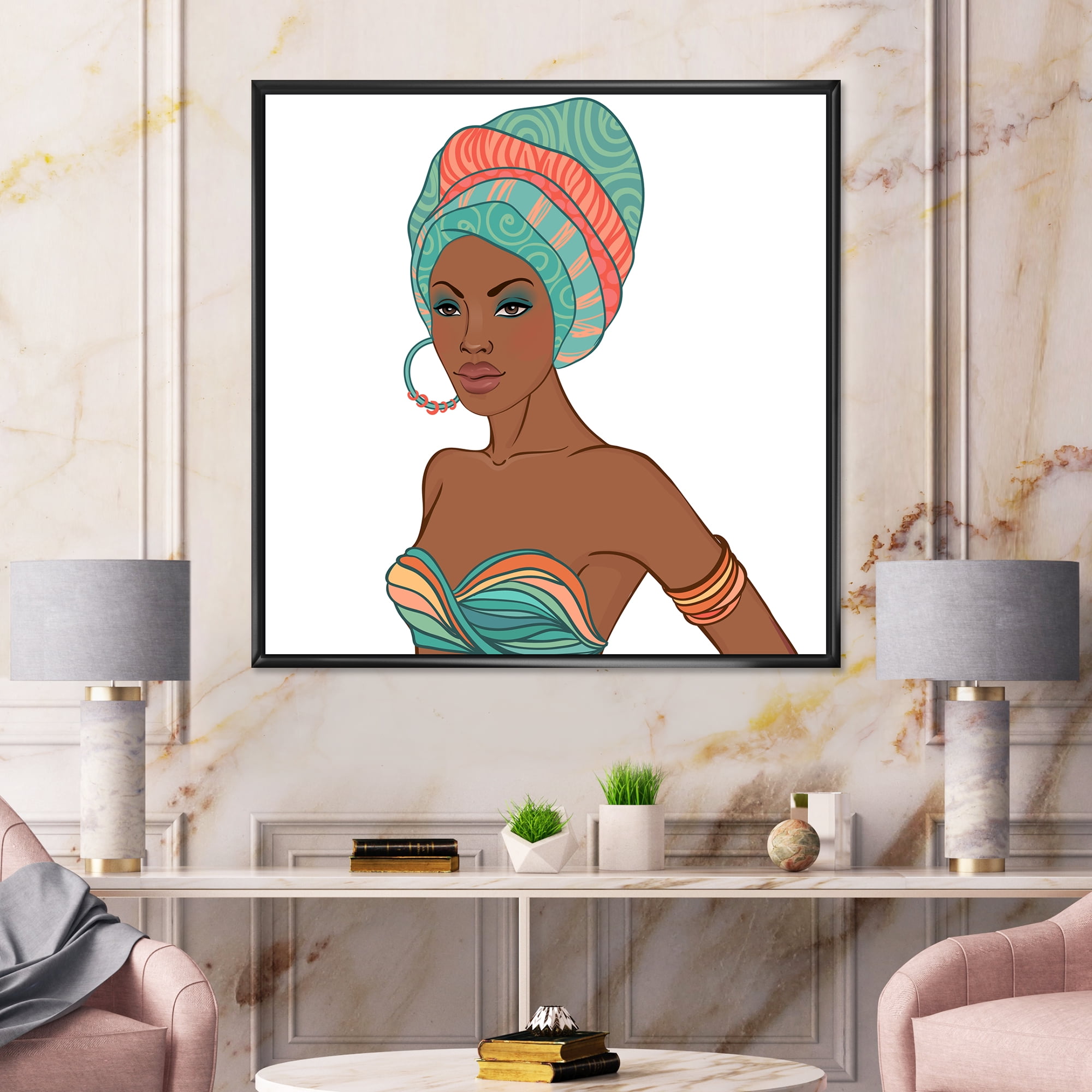 Designart 'African American Woman With Turban and Earring' Modern Framed Canvas Wall Art Print