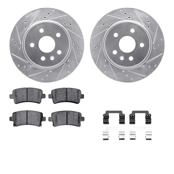 Dynamic Friction Company Rear Brake Rotors-Drilled and Slotted-Silver with 5000 Advanced Brake Pads includes Hardware 7512-65024