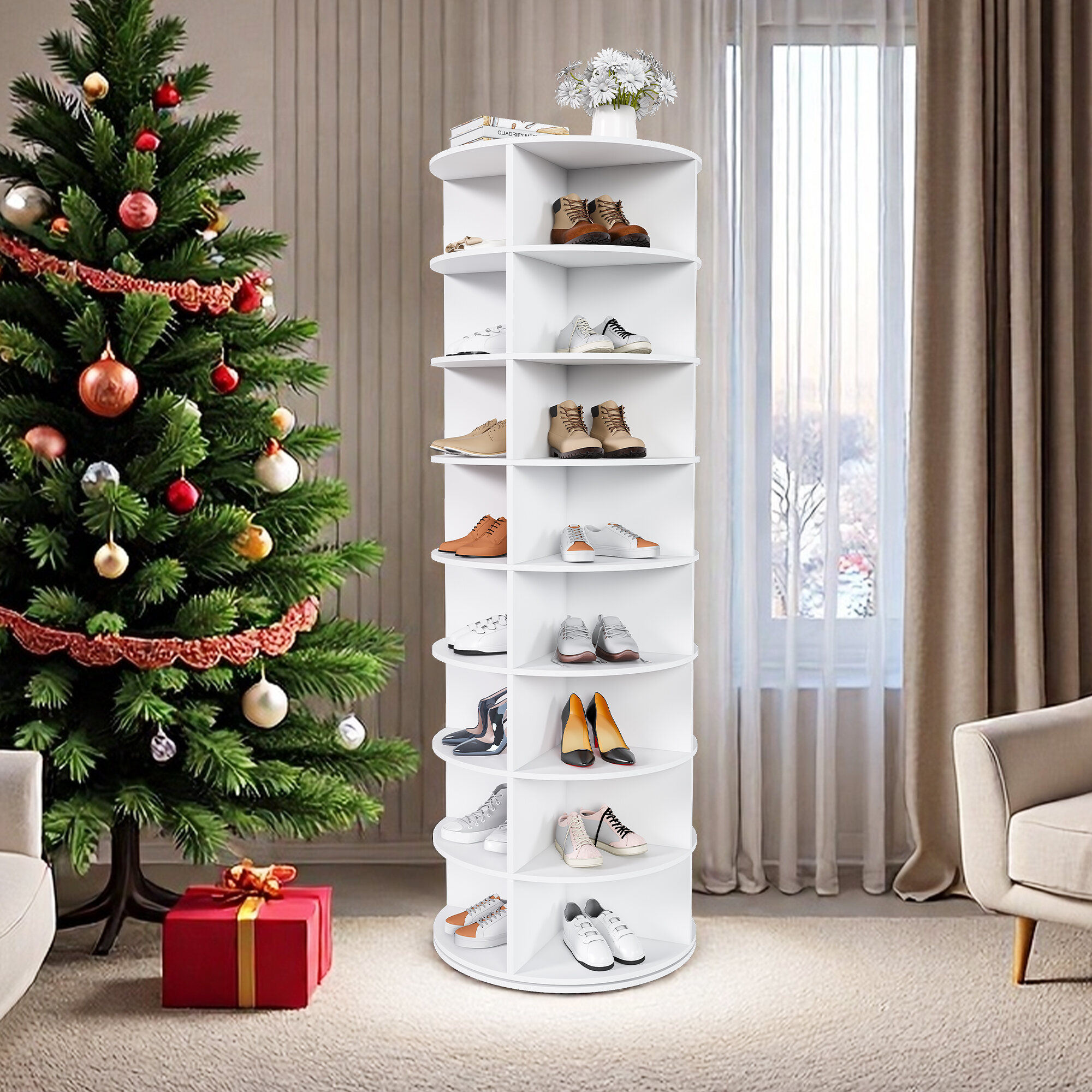 Display Shelves Rotating Shoe Rack Tower, 8-Tier Spinning Storage Rack, Free Standing 360° Revolving Shoe Organizer, Holds 32 Pairs of Shoes (8-Tier,White),Shelving Units