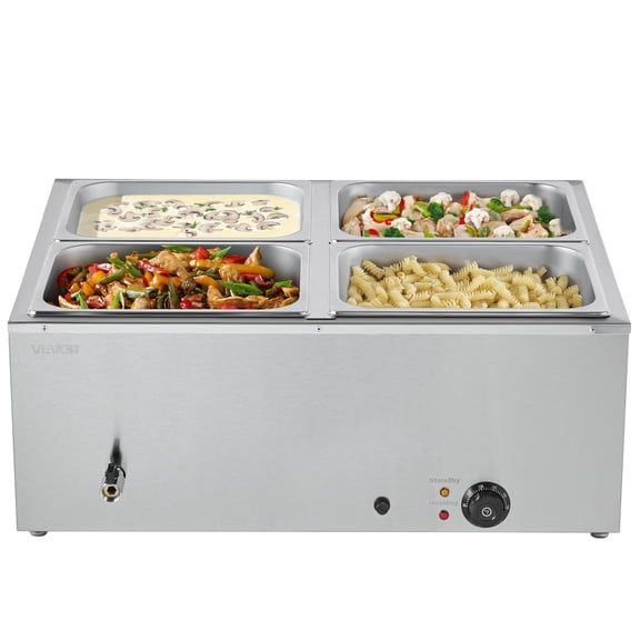 Commercial-Grade 1500W Food Steam Table Stainless Steel 4-Pan Bain Marie Warmer with Lid and Ladles, Designed for Catering Services, Restaurant Buffets, and Party Food Keeping