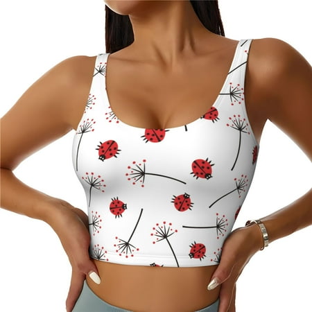 Qokaie Ladybug With Dandelion Pattern Womens Scoop Neck Sports Bra Breathable Workout Vest Padded U Back Medium Impact Fitness Gym Yoga Bra Workout Crop Top-X-Large