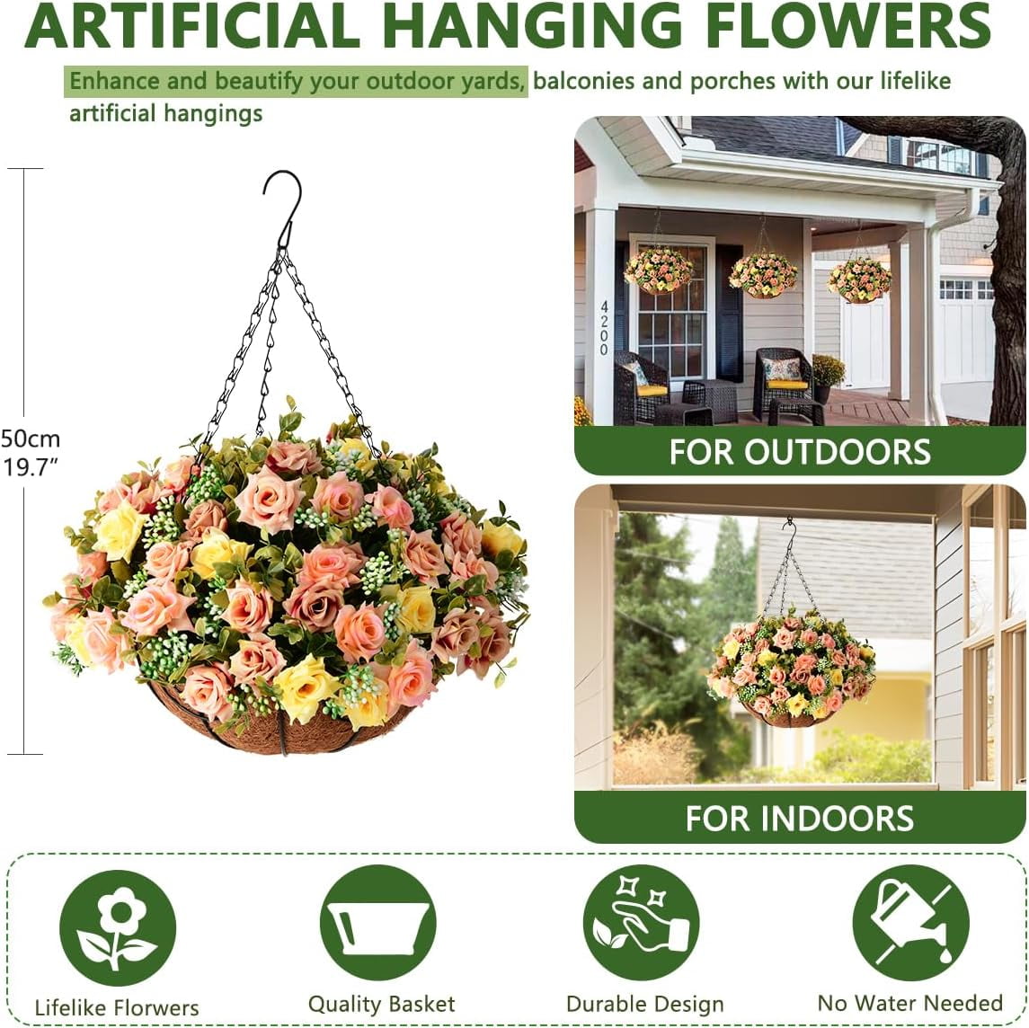 Artificial Fake Hanging Plants Flowers Basket for Spring Outdoor Decoration,Faux Silk Flowers Realistic UV Resistant in 12 inch Coconut Lining Baskets for Patio Decor(Rose red White)