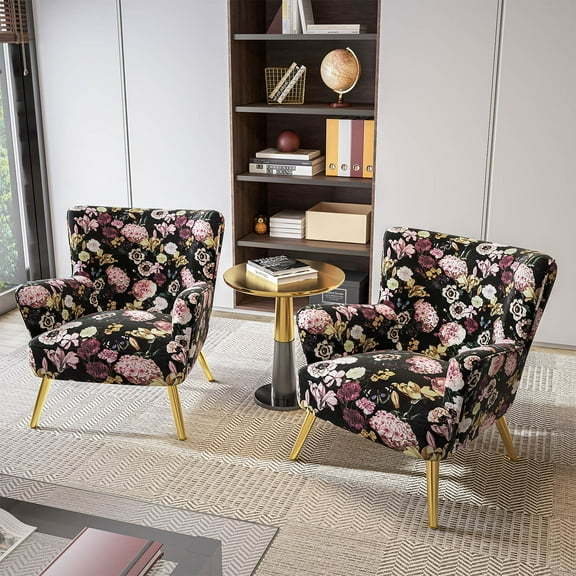 BELLEZE Modern Accent Chair, High Back Floral Pattern Armchair with Metal Legs, Upholstered Wingback Single Chair for Living Room Bedroom Office [Set of 2] - Holland (Flower Print)