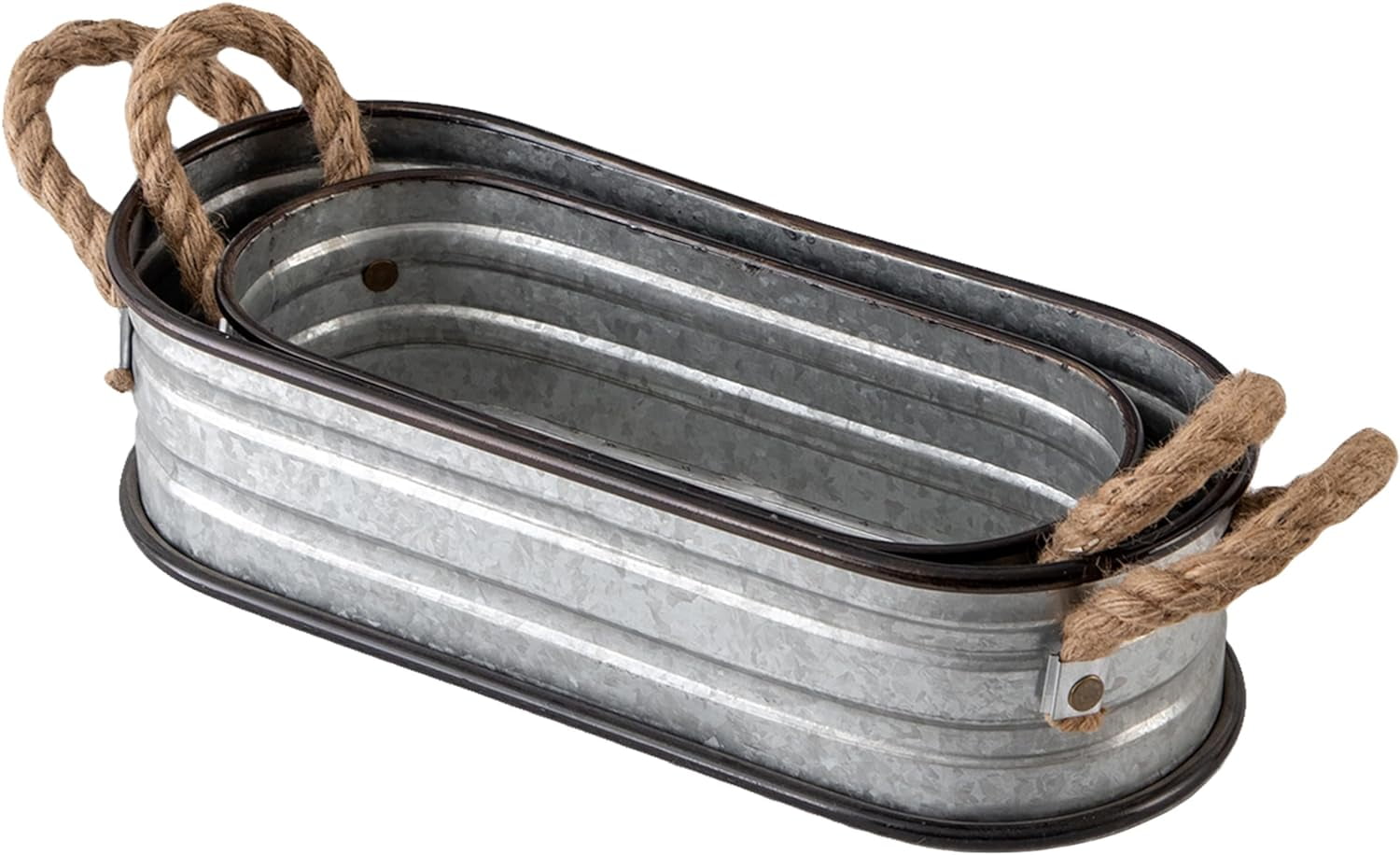 SOFE Small Oval Galvanized Planters Galvanized Bucket Set of 2, Planters for Indoor Outdoor Plants with Rope Handles, Galvanized Tub Metal Flower Pot, Farmhouse Home Decor for Outdoor Party Wedding