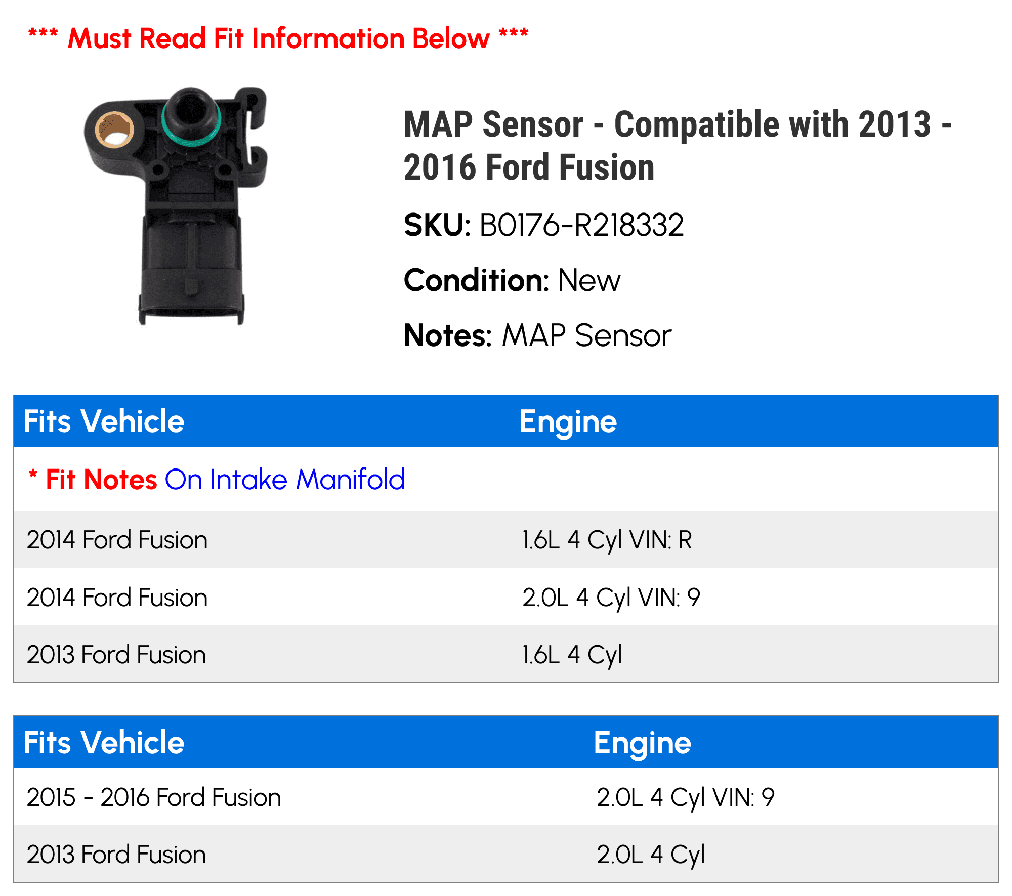 MAP Sensor - Compatible with 2013 - 2016 Ford Fusion 2014 2015
