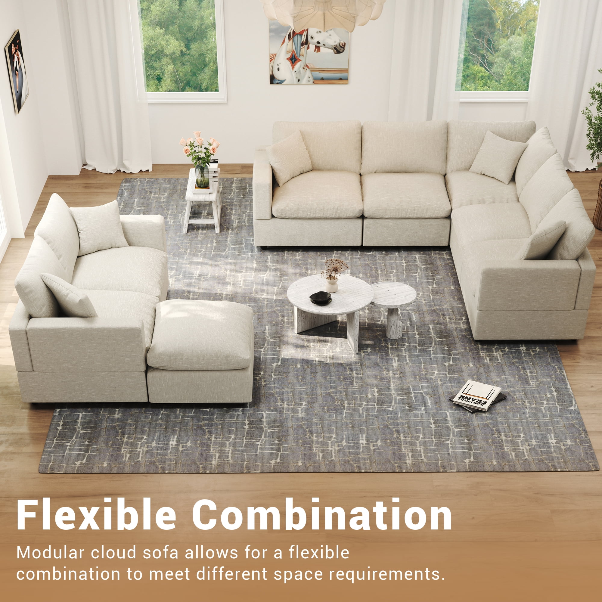 Gtilzria Cloud Modular Sectioanl Sofa Couch, Comfy Modern Sectioanl Cloud Couch U-shaped Modular Down Filled Sofa with Ottoman for Living Room Apartment Office, Beige