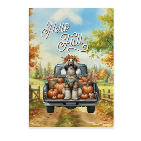 Hello Fall Autumn Afghan Hound Pumpkins Pickup Truck Vertical Matte Canvas Poster Dog Lover Wall Art Home Decor - 13011