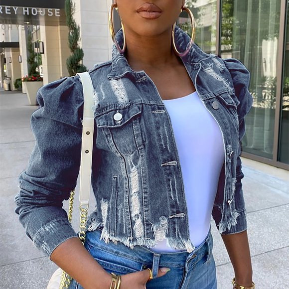CEHVOM Women's Street Short Lapel Frayed Breasted Denim Puff Sleeve Slim Denim Jacket