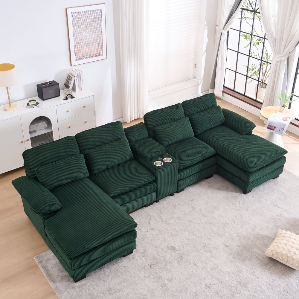 124" U-Shaped Modern Sectional Sofa w/ Console, Cup Holders & Pillows,  Comfortable Seating, Boneless Couch for living room