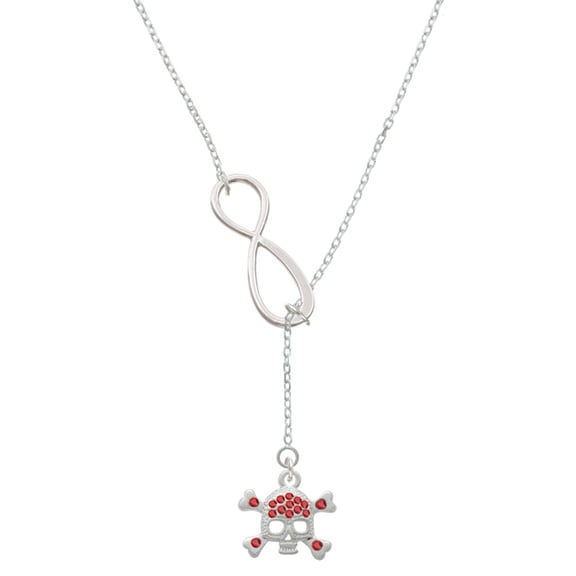 Delight Jewelry Silvertone Skull and Crossbones with Red Crystals Silver tone Elegant Infinity Lariat Necklace