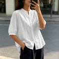 thumbnail image 5 of Uootdi Linen Tops for Women Mandarin Collar Half Sleeve Floral Embroidered Stripe Womens Tops Relaxed Fit Lightweight Womens Shirts for Women, 5 of 6