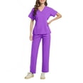 thumbnail image 2 of Minjewel Women's V-Neck Back Tie Short Sleeve Scrubs for Women Set with Pockets, Adjustable & Comfortable Scrub Set for Medical Staff,Purple S, 2 of 6