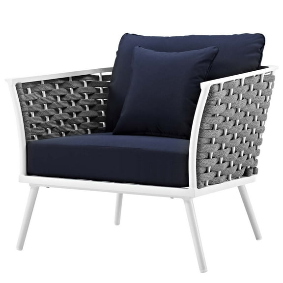 Contemporary Modern Urban Designer Outdoor Patio Balcony Garden Furniture Side Dining Armchair Chair, Aluminum Fabric, Navy Blue White