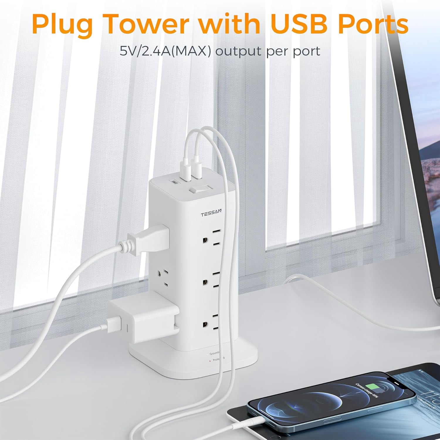 YUNZII Surge Protector Power Strip Tower, 12 Outlets 3 USB Ports (1 USB C), Flat Plug 6FT, 900J, Black