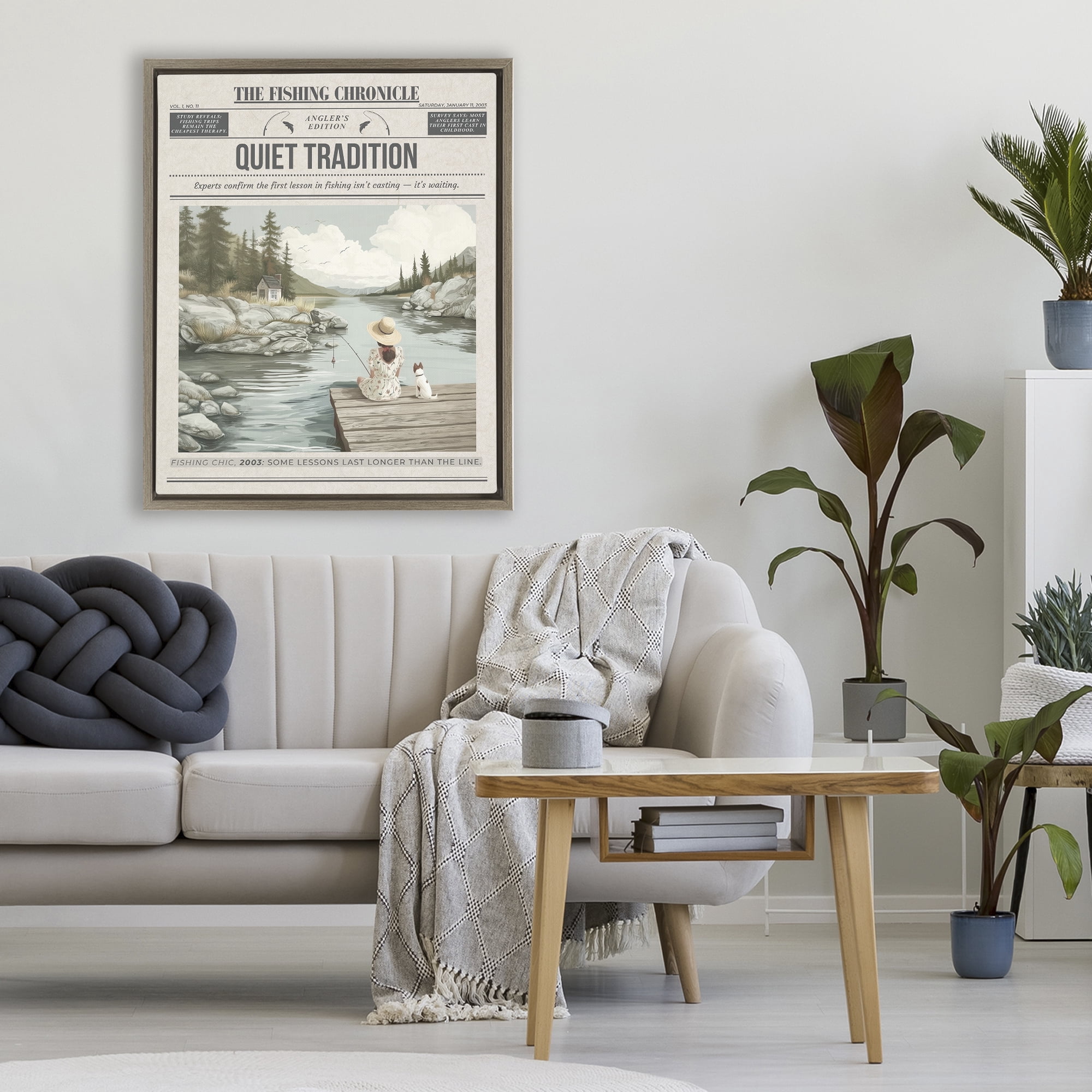 Stupell Industries Fishing Chronicle Magazine Brown Framed Floater Canvas Wall Art, design by A Barefoot Stylist