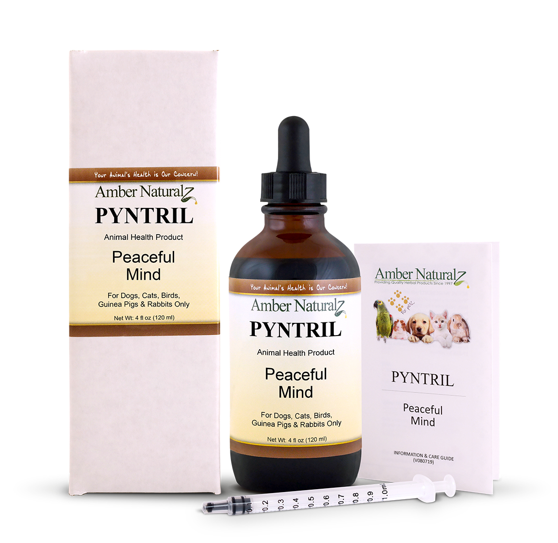 Amber NaturalZ Pyntril Peaceful Mind Herbal Supplement for Dogs, Cats, Birds, Guinea Pigs, and Rabbits | Herbal Pet Supplement for Relaxation | 2 Fluid Ounce Glass Bottle | Manufactured In the USA