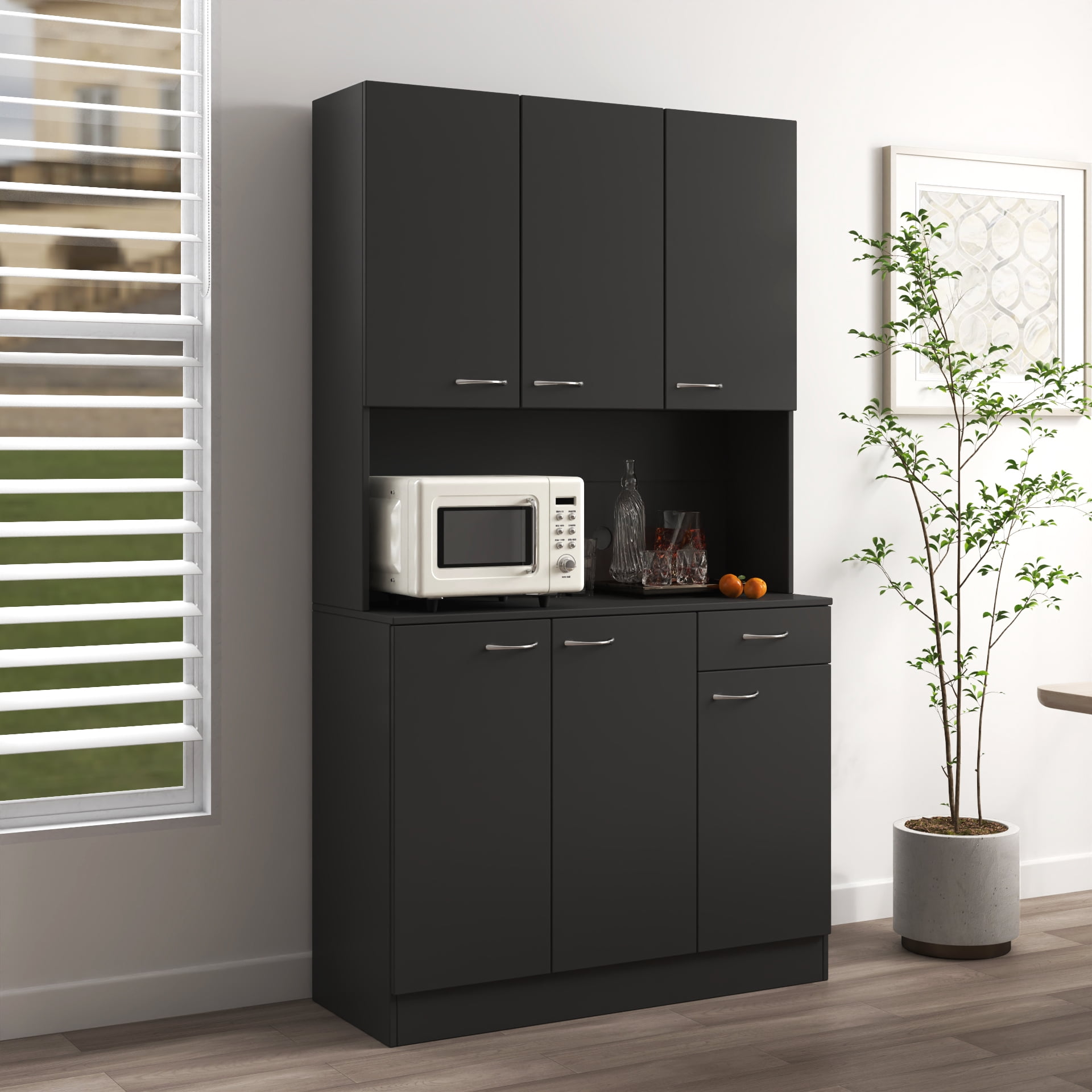 Mintazer 70.8" Tall Kitchen Pantry Cabinet with Open Shelf, Freestanding Food Storage Cabinet with Drawer & 6 Doors for Hallway Living Room Kitchen, Black