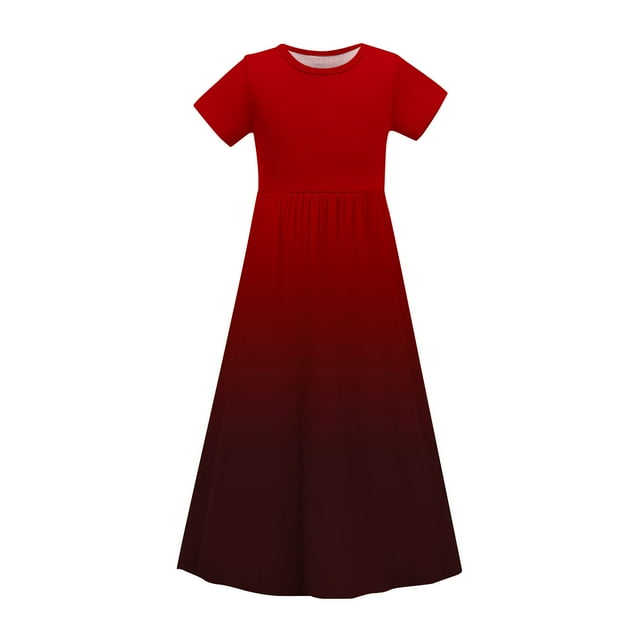 Bwiyojiz Tailles Mode 120-170 Robe à Manches Courtes à Col Rond Tout-Petits Enfants Mignonne Imprimé Dégradé Extensible Poche Ligne a Longue, 7 Ans, Cadeaux pour la Maison, Rouge