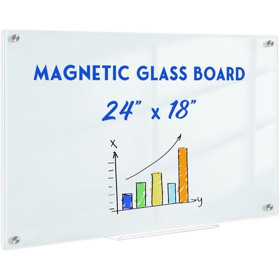 Magnetic Glass Whiteboard, 24" x 18" Glass Dry Erase Board for Wall, Frameless White Board with 1 Marker Tray and 3 Magnets for Office, Home, Classroom - Normal White