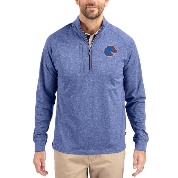 Women's-Cutter & Buck  Heather Blue Boise State Broncos Adapt Eco Knit Stretch Recycled DryTec Raglan Quarter-Zip