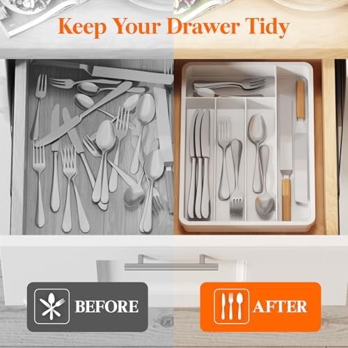 Silverware Drawer Organizer Tray, Plastic Cutlery Storage for Kitchen, Flatware and Utensil Holder Divider for Spoons Forks Knives Tableware, 9.5 x 13.4", 5 Slots, White