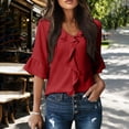 thumbnail image 4 of Red Shirts for Women's Fashion V Neck Trim Pleated Blouse Casual Loose Fit Tops, 4 of 4
