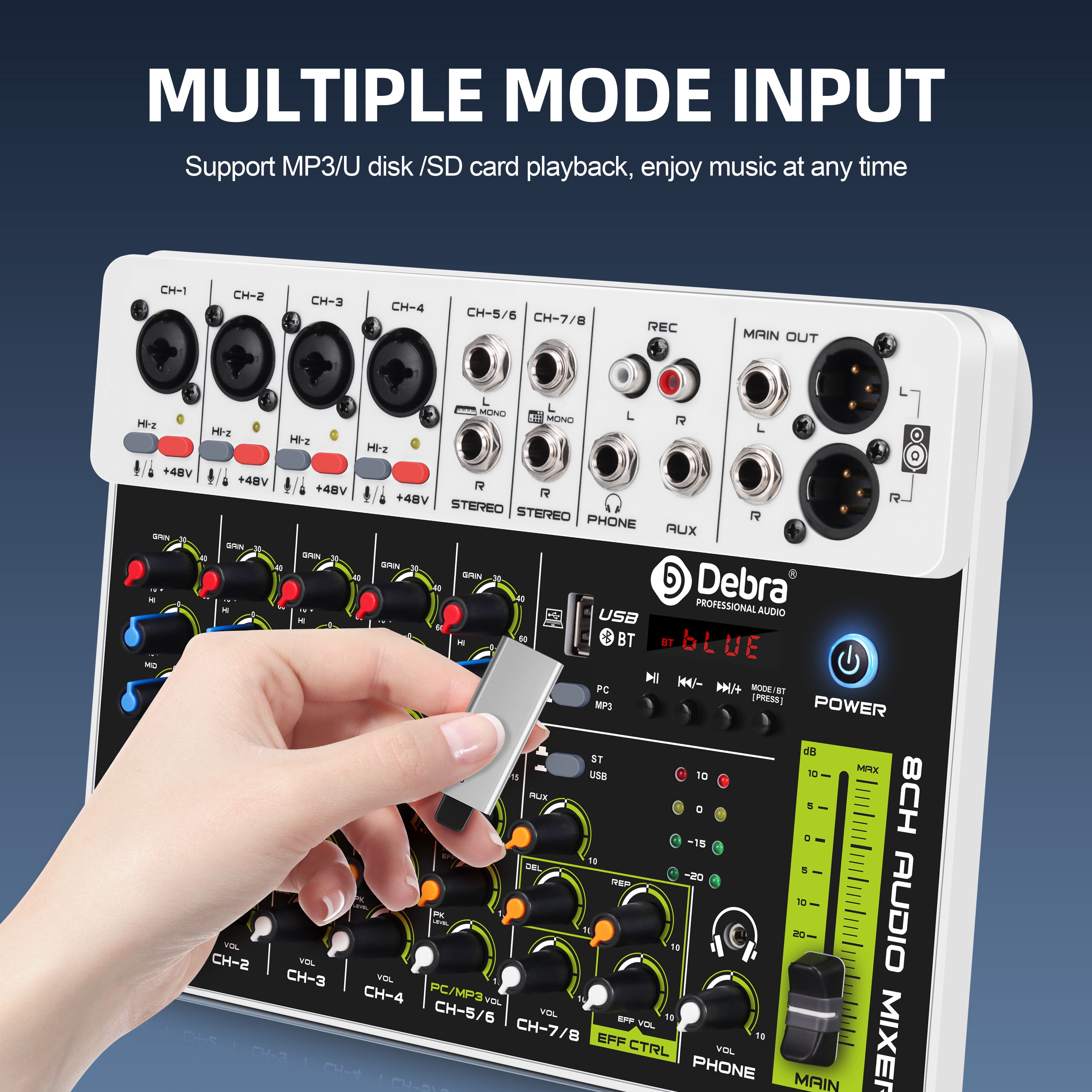 V8 Interface Mixer with Bluetooth 5.0 USB Phantom Power DJ Mixer for PC Recording with Delayed Replay Effects ,Easy to Operate