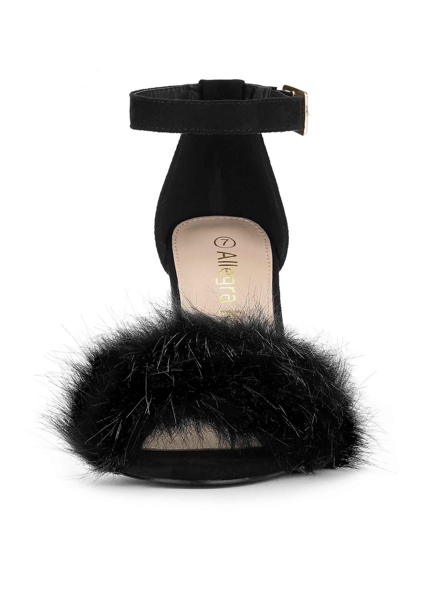 DARING DIVA Women's Ankle Strap Faux Fur Block Heels Beige Sandals for Wear Black 8