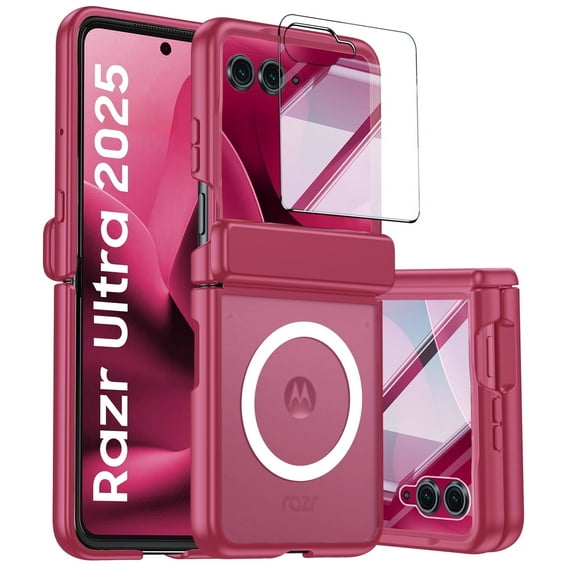 Vizvera for Motorola Razr Ultra 2025 Case,with Magnetic Power [Slim Design][Screen Protector][Hinge Protection] Translucent Matte Shockproof Protective Phone Case for Razr 60 Ultra-Rose Red