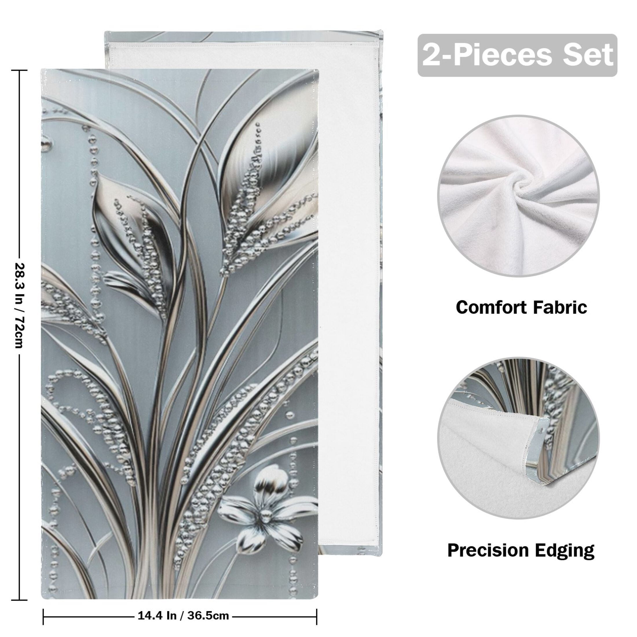 2-Piece Polyester cotton Towel Set Absorbent Grey Metal Silver Flower Leaf Hand Towel Bath Towel Soft and Comfortable Machine Wash 28.3x14.4