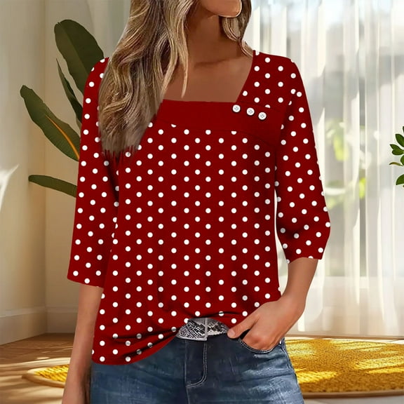 Dasayo Ladies Tops and Blouses Business Casual Red Dressy 3/4 Sleeve Buttons Polka Dot Blouses Women Blouse L