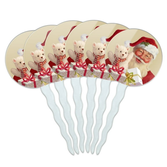 Christmas Holiday Santa and His Buddy Teddy Cupcake Picks Toppers Decoration Set of 6