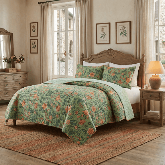 CHARRYARN Floral Quilt Set Twin Size Bedding Set with 1 Pillow Shams, Soft Bedspreads Lightweight Bed Coverlets for All Seasons - (Green, 68"x90",2 Pieces)