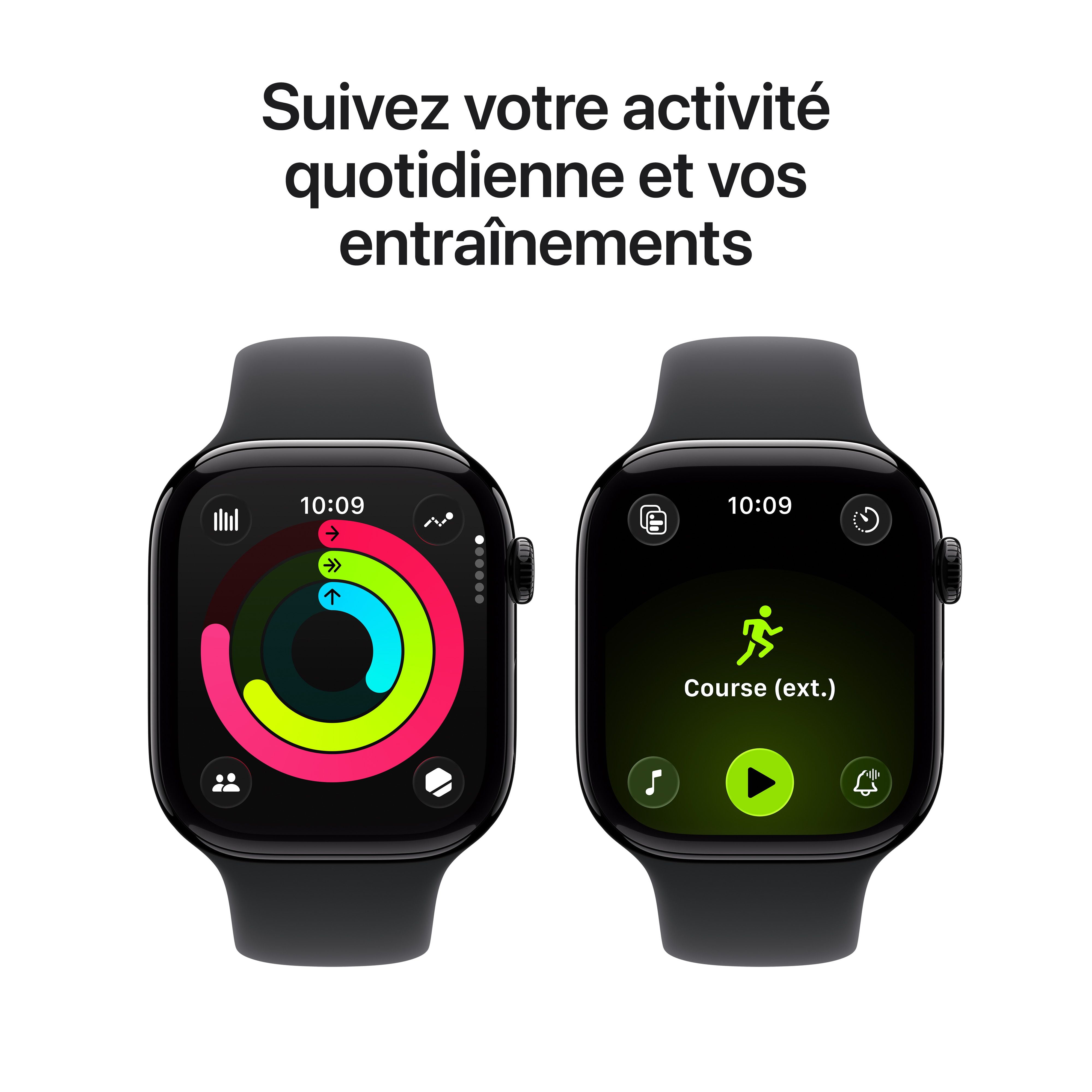 Apple Watch Series 11 GPS - Boîtier 42 mm en aluminium noir de jais - Bracelet sport noir (P/M)