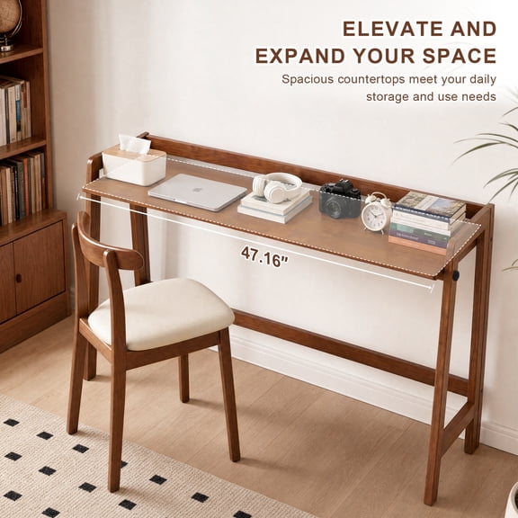 49-Inch Folding Solid Wood Desk with Cable Grooves, Mid-Century Modern Foldable Computer Desk and Writing Table for Home Office, Walnut
