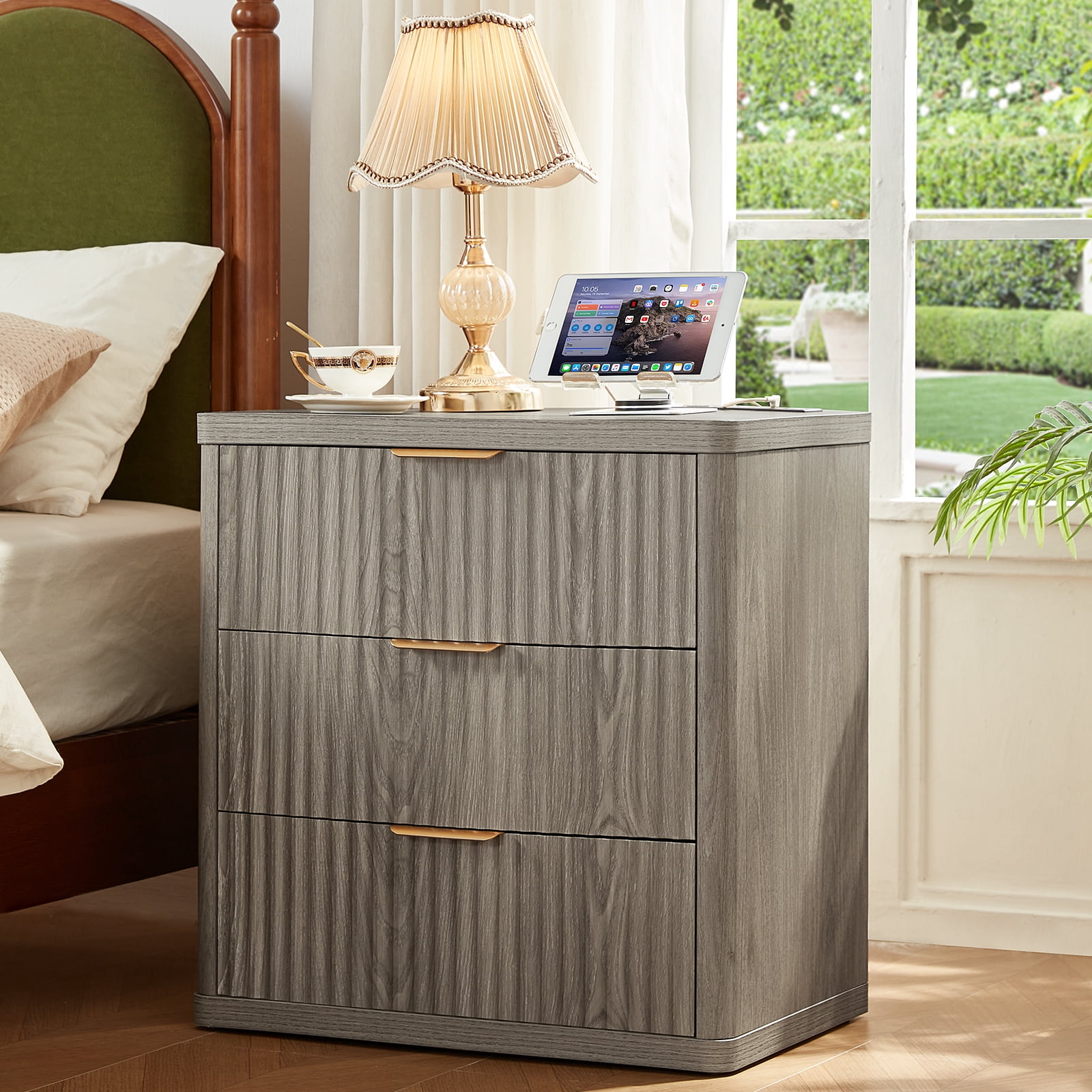 2 Pcs End Table with Charging Station, 23" Wide Sofa Side Table with 3 Drawers, Large Storage Rustic Wood Storage Cabinet for Living Room,Bedroom, Grey