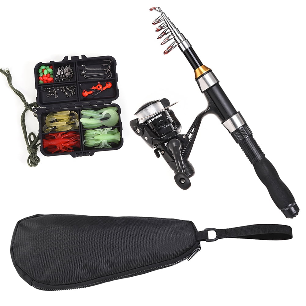 LEO Fishing Rod Reel Combo Full Kit 1.5m Telescopic Fishing Rod Reel Set  with Hooks Soft Lures Barrel Swivels Storage Bag 