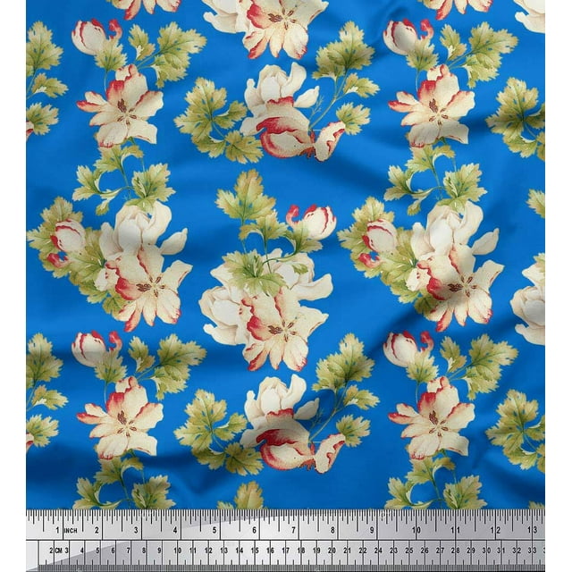 Soimoi Poly Georgette Fabric Leaves & Magnolia Floral Print Sewing Fabric Yard 42 Inch Wide