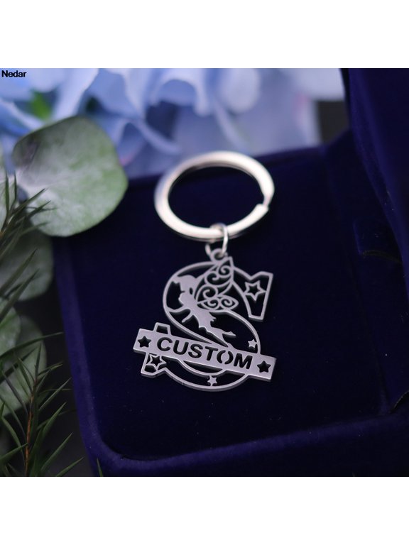 Customized Name Keychain 26 A-Z Letter Butterfly Angel Elves Stainless Steel Personalized Birthday Christmas Keyring Gifts