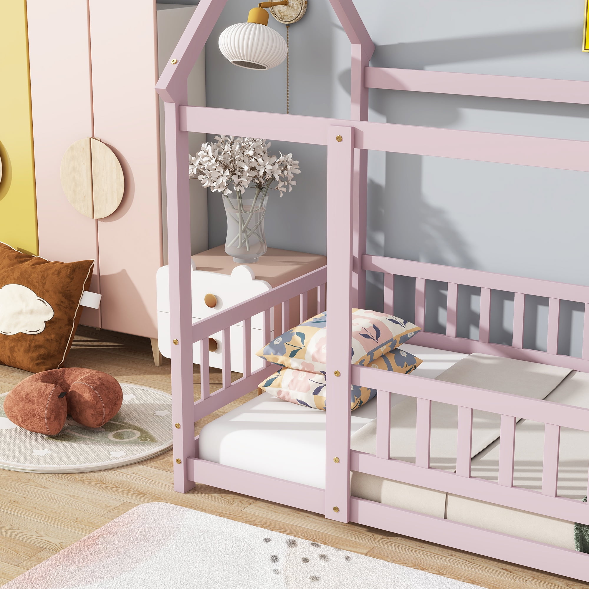 Jopath Twin Size Floor Bed Frame Montessori House Floor Wooden Bed with with Roof Frame,Safety Guardrails for Kids,Boys,Girls Pink